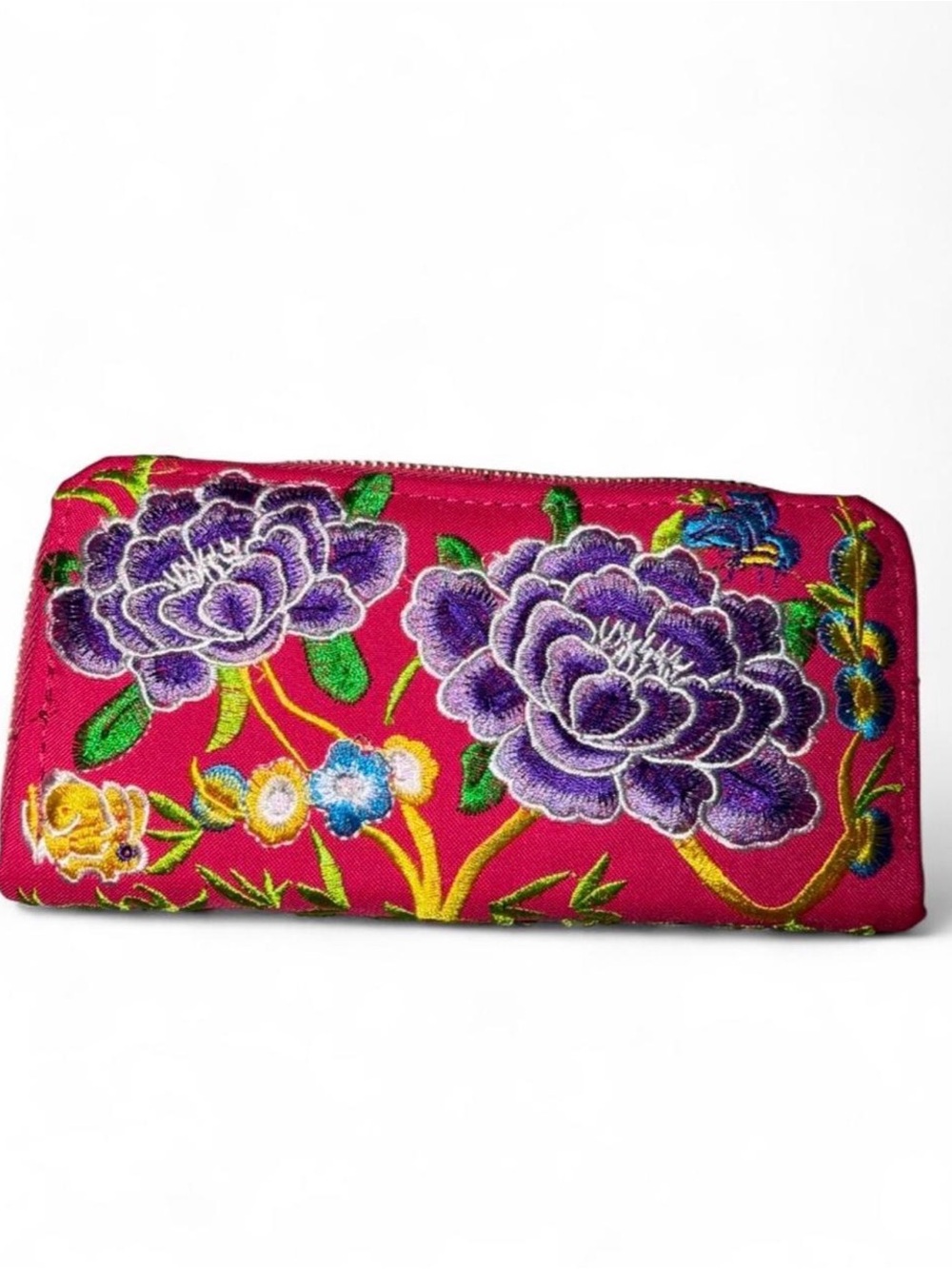 Hot Pink Embroidered Floral Zip-Around Wallet